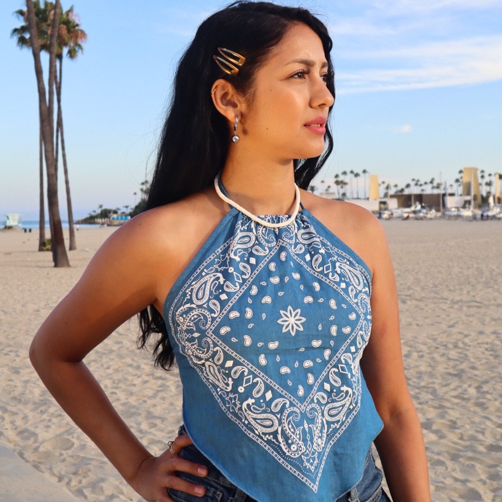 Paisley Halter Top Denim color raised print